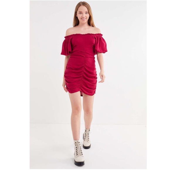 red ruched off the shoulder dress